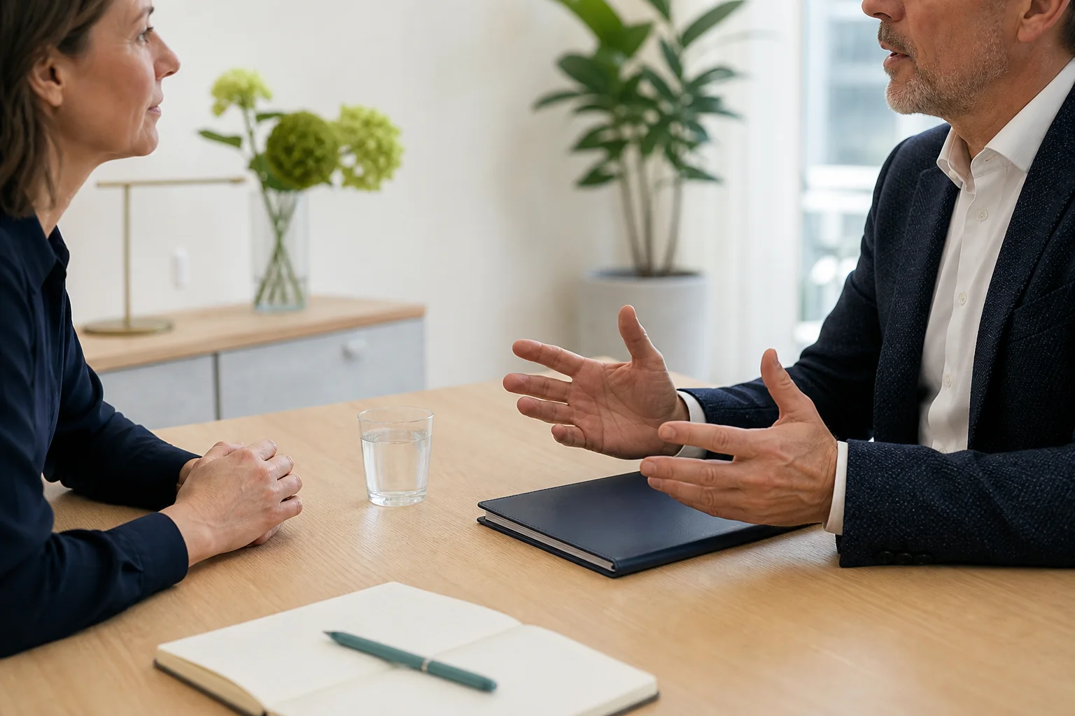 Twee professionals bespreken zorgvuldig een gevoelig medisch vraagstuk