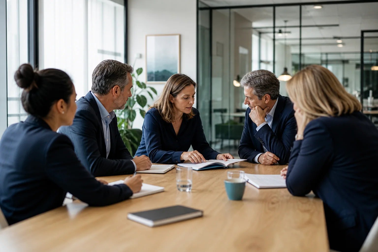 Een multidisciplinair gezelschap bespreekt samen een dossier in een moderne werkomgeving