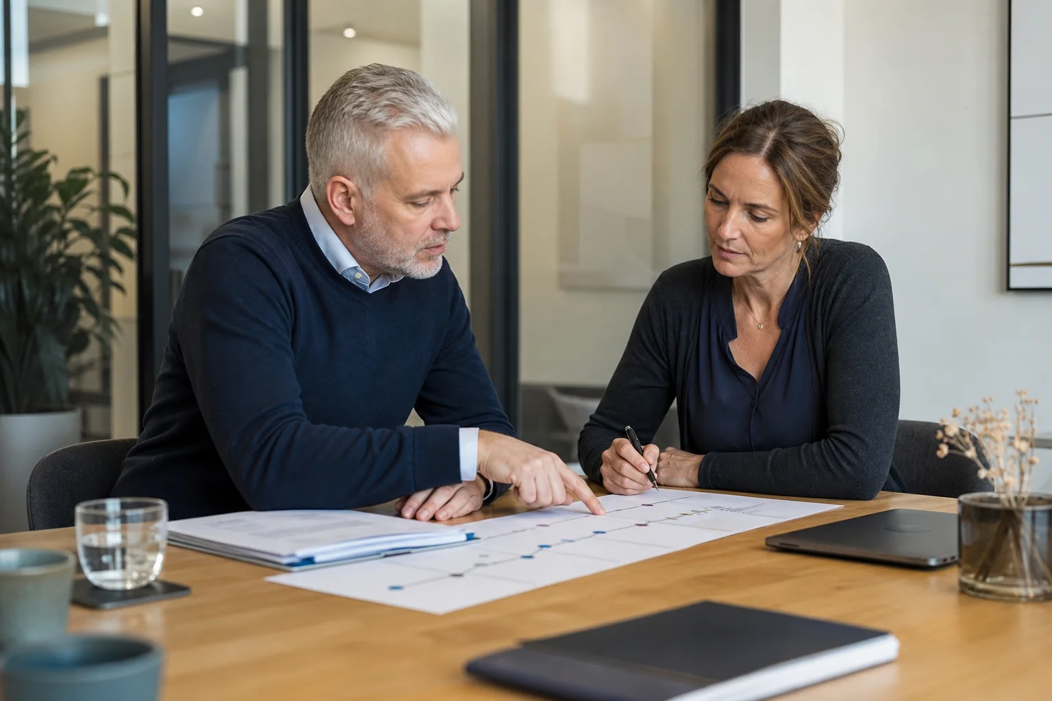 Twee professionals bereiden zorgvuldig de stappen van een medische expertise voor